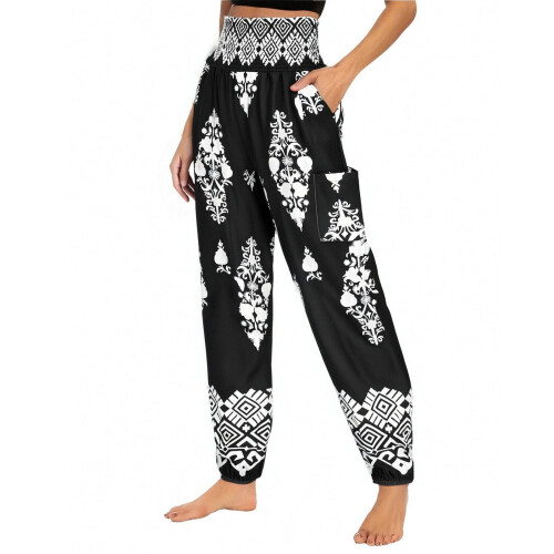 Women's Printed Wide-Leg Pants Soft Polyester Stretch