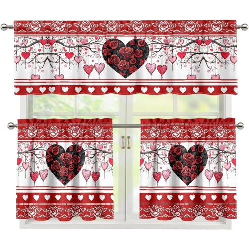 Rotes Gardinen-Set mit Herzmuster und 2 Stufen