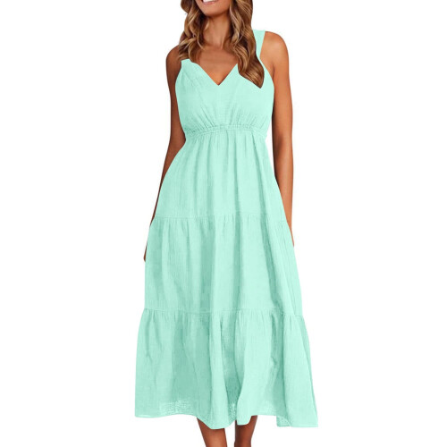 Γυναικείο Φόρεμα Παραλίας, Casual, Αμάνικο, V-Neck, Κορδόνι στη Μέση, Προ-Συρρικνωμένο,