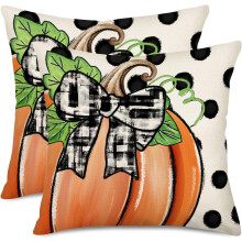 Herbstlicher Kissenbezug mit Kürbis-Polka-Punkten, 40 x 40 cm, 2er-Set, herbstliches Büffelkaromuster, herbstliche Landhausdeko,
