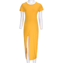 UTTOASFAY Umstandskleid für Damen, Sommer, Rundhalsausschnitt, Kurzarm, Unifarben, Schlitz, Gelb, XXL