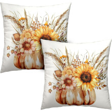 Housses de coussin style ferme automnale 45 x 45 cm, décor citrouille et tournesol, lot de 2, mélange de coton, compatibles avec les coussins