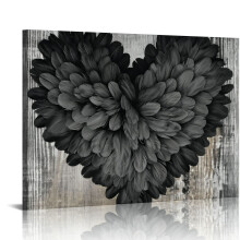Tableau moderne et glamour sur toile, motif cœur de plumes grises sur fond gris, idéal pour le salon, la chambre et la salle de bain.