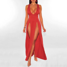 Vestido longo de verão feminino para balada, com fenda em V profunda, multicolorido, ideal para o dia a dia ou para o dia a dia. Vermelho.