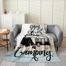 Campingfilt för barn, tonåringar och vuxna – Happy Camping-filt, rustik bondgårdsfleece, året runt, vintage husbilsflanell, Twin60x80