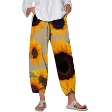 Pantaloni largi QLEICOM pentru femei, cu imprimeu floral, fără șifonare, din bumbac și in, talie elastică, buzunare, galbeni