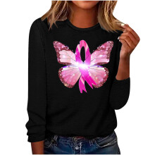 Schwarzes Langarmshirt für Damen, 2024, Rundhalsausschnitt, Langarm, mit Brustkrebs-Print, Grafikprint, Größe XXL