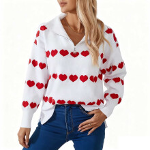 Damen-Pullover mit Herzmuster und Reißverschluss, V-Ausschnitt, Strickcardigan, lässig, locker geschnitten, romantische Festtagskleidung, Größen