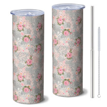 Gobelet isotherme Pioneer Flower Floral 590 ml avec paille et couvercle, double paroi isolée sous vide, étanche, conserve les boissons chaudes