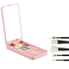 Portable Rechargeable Travel Makeup Brush Set with 5 Brushes – Compact & Complete, Pink, Ideal for On-the-Go & Mother's Day Gift