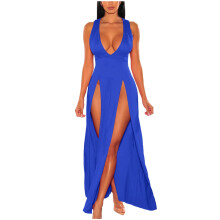 Mikilon Women Deep V-Neck Dress High Side Slit Long Dress Solid Color Sleeveless Dress