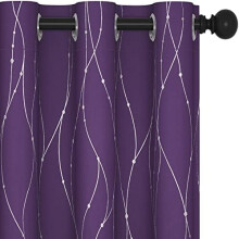 Short Purple Blackout Curtains, Wave Silver Print, 38x45", Thermal Insulated, Grommet Top, Machine Washable, Set of 2