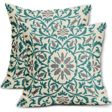 Türkisgraue Boho-Kissenbezüge (45 x 45 cm), Vintage-Blumenmuster, quadratische Leinenkissenbezüge, Landhausstil, 2er-Set