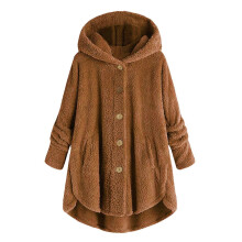 Wintermäntel für Damen, Übergröße, Plüschjacke mit Knöpfen, Kapuzen-Cardigan, lockerer Wollmantel, lässige Plüschjacke, braun, Größe S