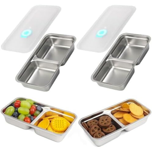 Stainless Steel Double Compartment Snack Containers, 2 Pack