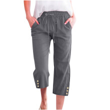 Calça Capri VERUGU Feminina, Moda Casual, Cor Sólida, Elástica, Solta, Perna Larga e Reta, com Bolso, Cinza Escuro, Tamanho M