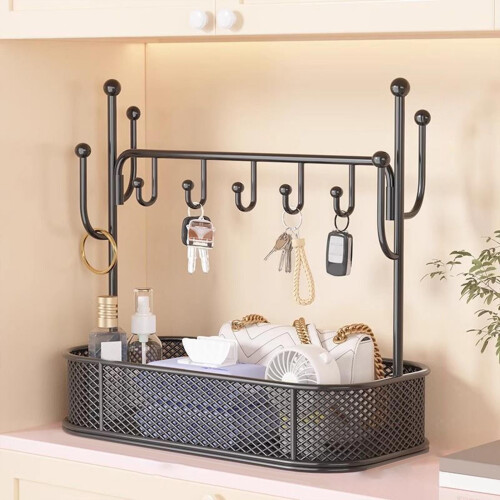Iron Entryway Shelf with Hooks, 29.5 x 15.5 cm