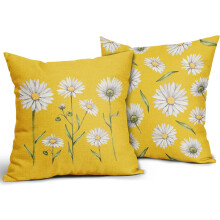 Housses de coussin décoratives printemps/été à motif marguerites 50 x 50 cm, lot de 2, imprimé floral blanc et jaune, style champêtre en lin,