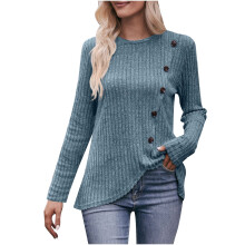 Blusas de manga larga de poliéster para mujer, color liso, cuello redondo, blusas elegantes para mujer, blusas casuales de manga larga.