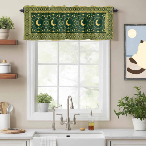Abstract Moon Star Valance 54x18in Yellow Green Polyester