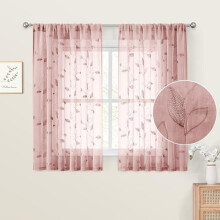 Blush Pink Sheer Curtain Panels 52x54 in, Embroidered Leaf