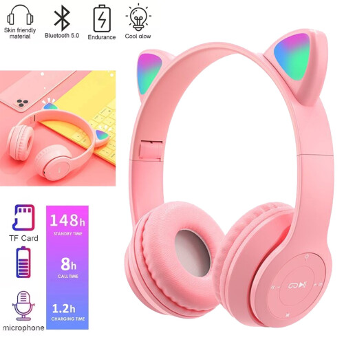Kids Cat Ear Wireless Bluetooth Headphones Purple Pink
