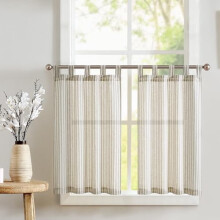 Linen Tier Curtains 26x45in Striped Taupe Grey 2 Panels