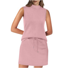Naisten kesäinen rantaloman asu, hihaton valekaulus, yksivärinen kaksiosainen setti, rento kiristysnyörillä varustettu minihame, plus-koko S - 2XL