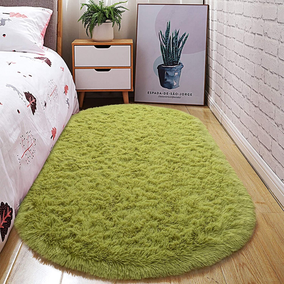 Oval Fluffy Area Rugs For Bedroom Plush Shaggy Carpet For Kids Room Bedside Nursery Mats, 2.6' X 5.3', Green