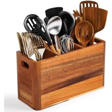 Soporte para utensilios de madera de acacia con 3 compartimentos