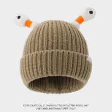 Cute Knitted Beanie Hat with Eyes Wear Resistant Solid Color LED Glowing Funny Cartoon Winter Warm Hat-Khaki