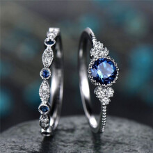 2pcs Sparkling 925 Solid Sterling Silver Natural Gemstone Ring Set