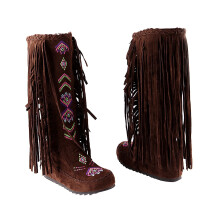 Bottes duveteuses pour femmes grandes tailles, style ethnique rétro, à pompons, doublure en flanelle, talon mi-haut, talon intérieur incliné,