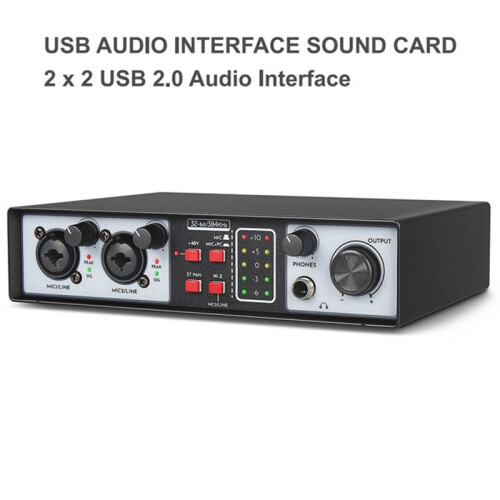 2 in 2 Out USB Audio Interface 32Bit/384KHZ Studio Kit Record Professional Soundkarte 48V Phantom 2