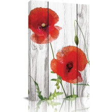 Tableau mural sur toile à motif de coquelicots rouges, cadre en bois rustique, 30 x 45 cm, idéal pour la chambre, la salle de bain, le salon ou la