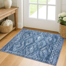 2x3 Entryway Rug – Washable, Non-Slip, Soft Indoor Door Mat, Stonewashed Blue Geometric Boho Design for Kitchen, Bedroom, Front Door