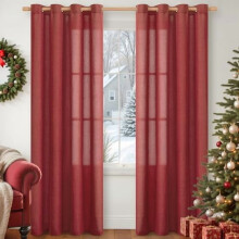 Red Linen Curtains 52x80", Light Filtering, Semi-Sheer, Bronze Grommets, 2 Panels – Compatible with Standard Rods