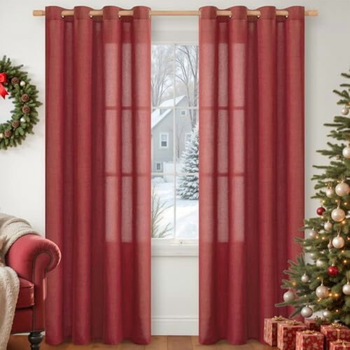 Red Linen Curtains 52x68 in, Light Filtering, 2 Panels with