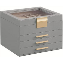 Cutie de bijuterii cu 4 straturi și capac de sticlă, 3 sertare, gri porumbel și auriu, 20x23x16,5 cm, stil modern