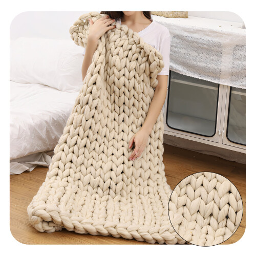 Chunky Knit Throw Blanket, Handmade Beige, 80x80cm