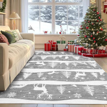 Tapis gris 240x300 cm, lavable, motif sapin, renne et flocon de neige, antidérapant, idéal pour le salon, la chambre ou la salle à manger.
