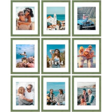 11x14 Picture Frames Set of 9, Shatter-Resistant Plexiglass, Fits 8x10 w/ Mat or 11x14 w/o Mat, Rustic Green Engineered Wood, Wall/Tabletop Use