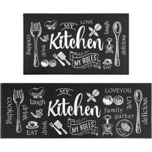 Black Kitchen Rugs Set of 2 Non-Slip Washable 17x30+17x47