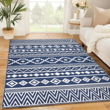 8x10 Washable Polyester Area Rug – Boho Geometric Blue