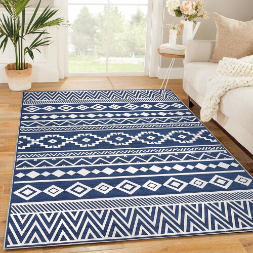 8x10 Washable Polyester Area Rug – Boho Geometric Blue