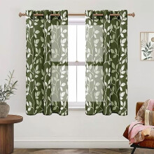 Dark Green Leaf Print Sheer Curtains, 63" L, 2 Panels