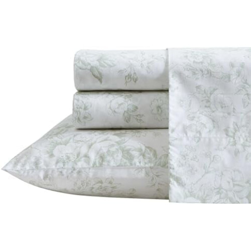 Twin XL Cotton Percale Sheet Set Floral Green
