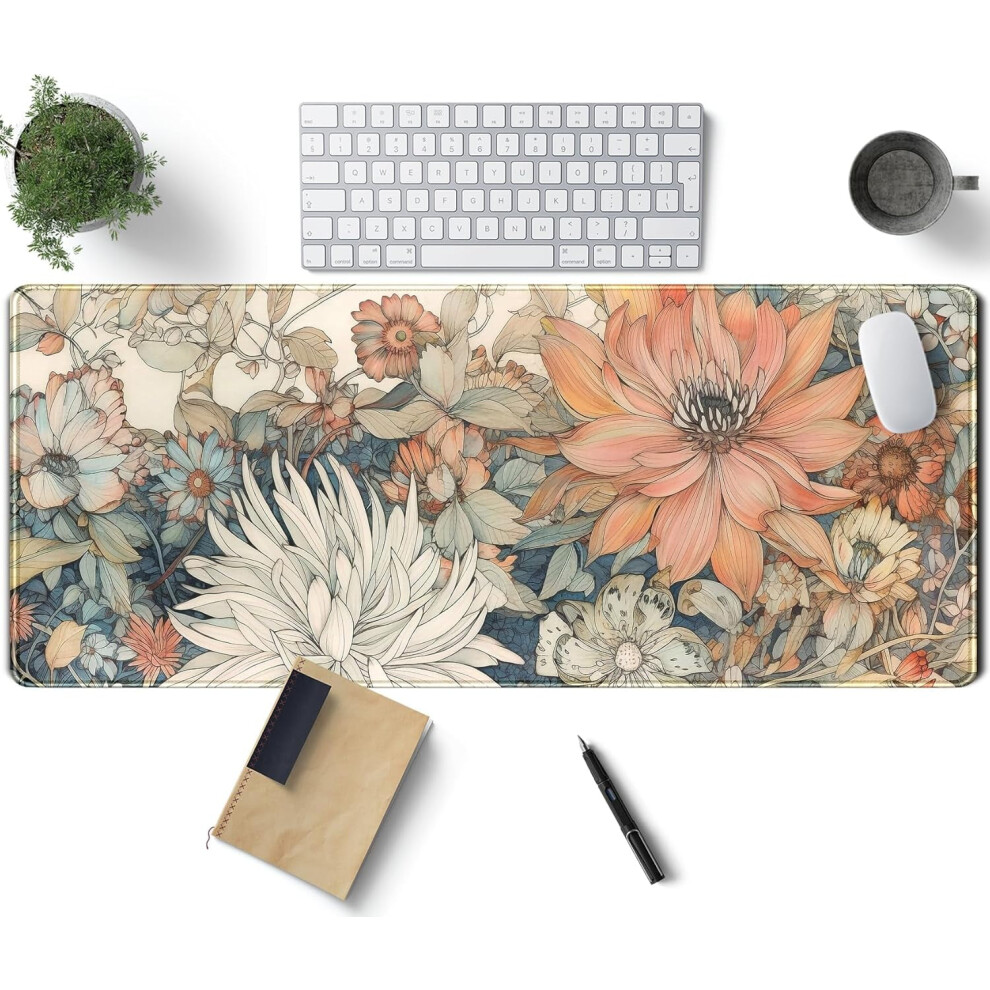 Japanese Minimalist Floral Desk Mat, Xl Gaming Mouse Pad 31.5X11.8 In, Stitched Edges, Compatible With Laptop & Keyboard 9402001037510
