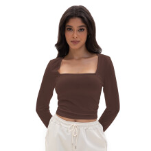 Blusas cropped femininas com decote quadrado, camisetas cropped de manga comprida, camisetas justas, roupas básicas, sexy e casual.