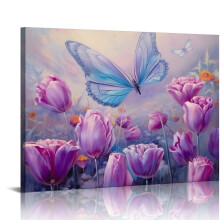 Lila florale Wandbilder auf Leinwand – Abstrakte Blumen- und Schmetterlingsdekoration für Wohnzimmer, Schlafzimmer, Badezimmer – Fertig zum